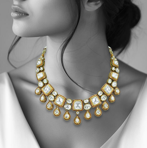 Polki Necklace with Cascading Teardrop and Square Motifs